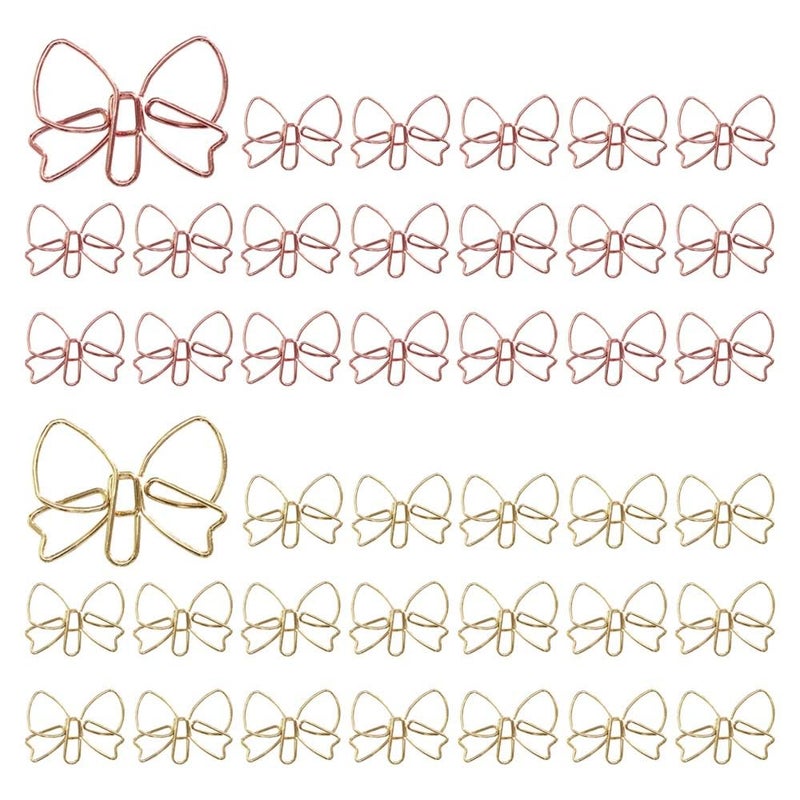 OWLFAVO Bowknot Shape 40pcs Paper Clips with Clear Box, Rose Gold and Yellow Gold, Funny Cute Paperclips Bookmarks Planner Clips for Fun Office Supplies School Gifts Wedding Decoration - Image 1
